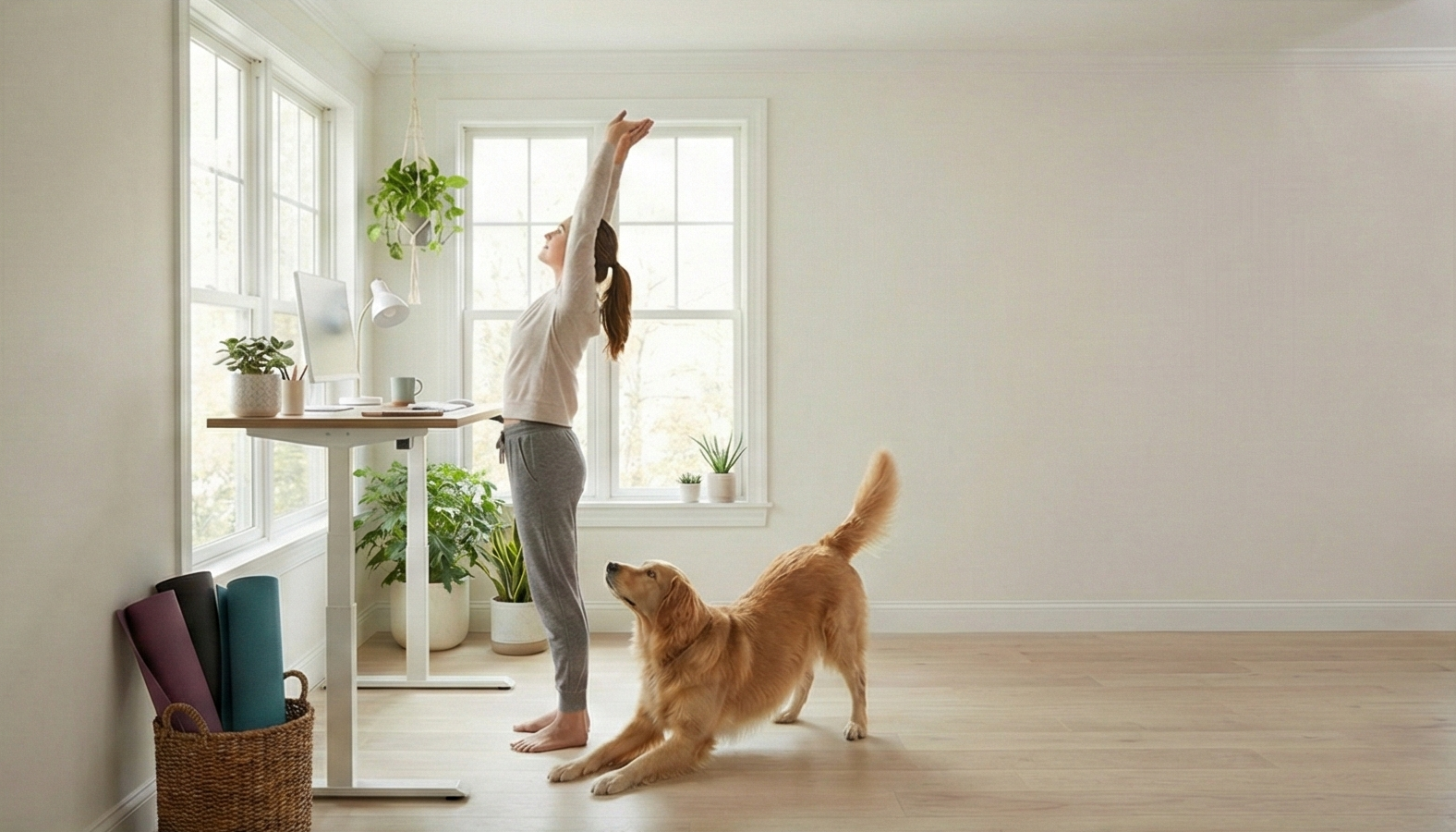 Person doing neck stretches at a standing desk with a dog stretching beside them