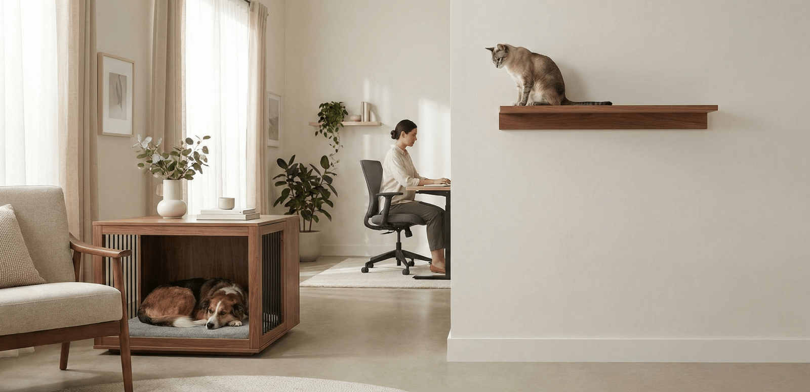 A serene home office with a dog in a cozy nook and a cat on a high shelf