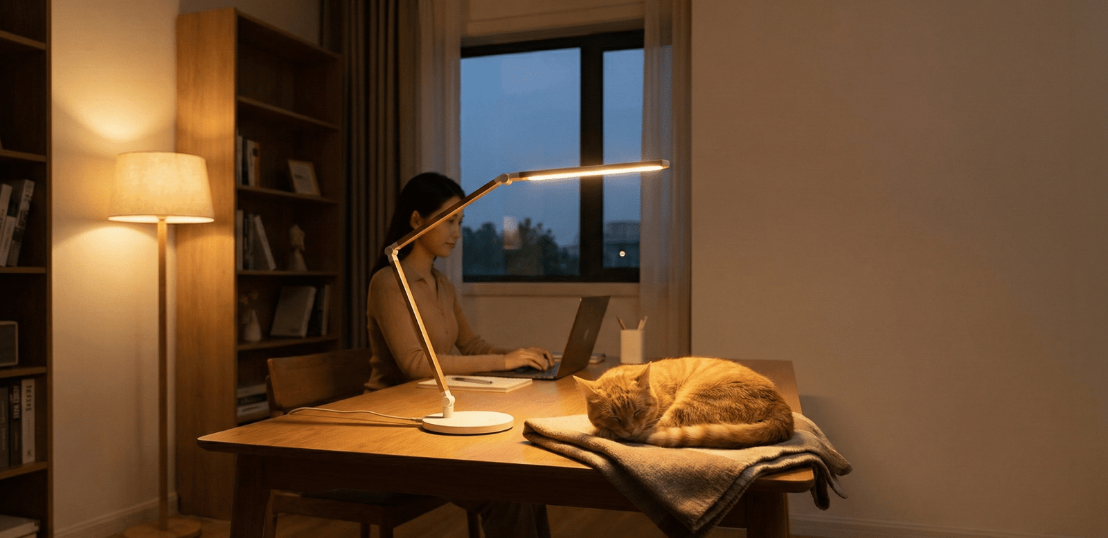 Cozy home office with warm lighting, a person working, and a cat sleeping on the desk