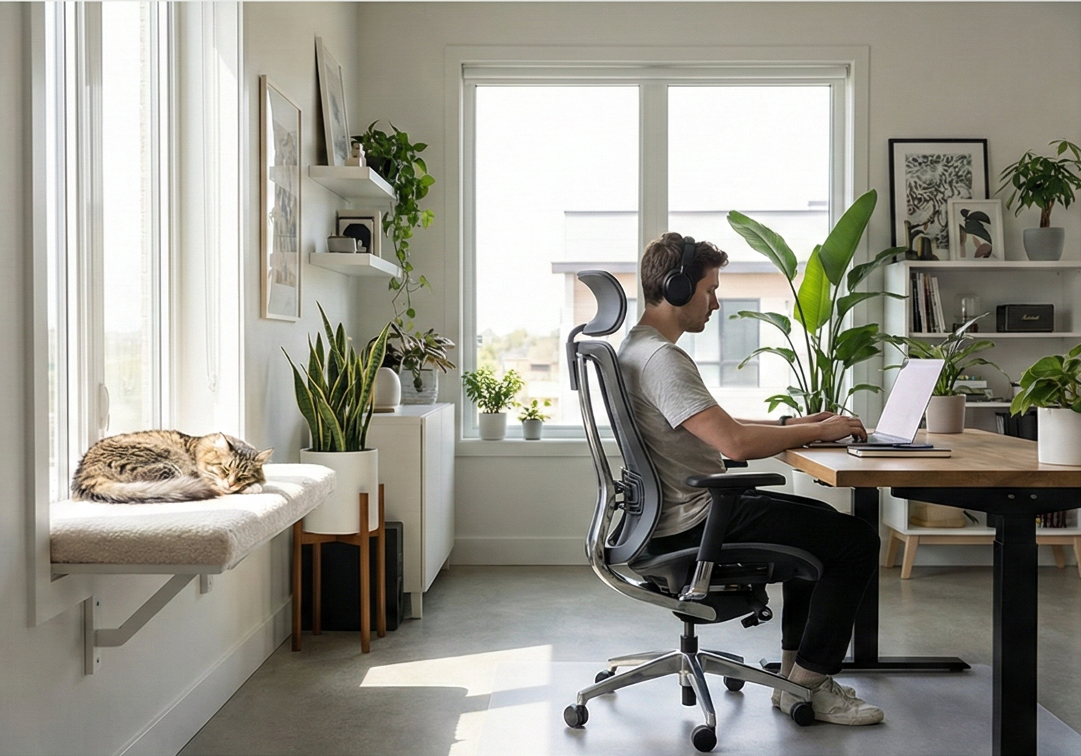 Modern home office with ergonomic chair and a cat resting nearby