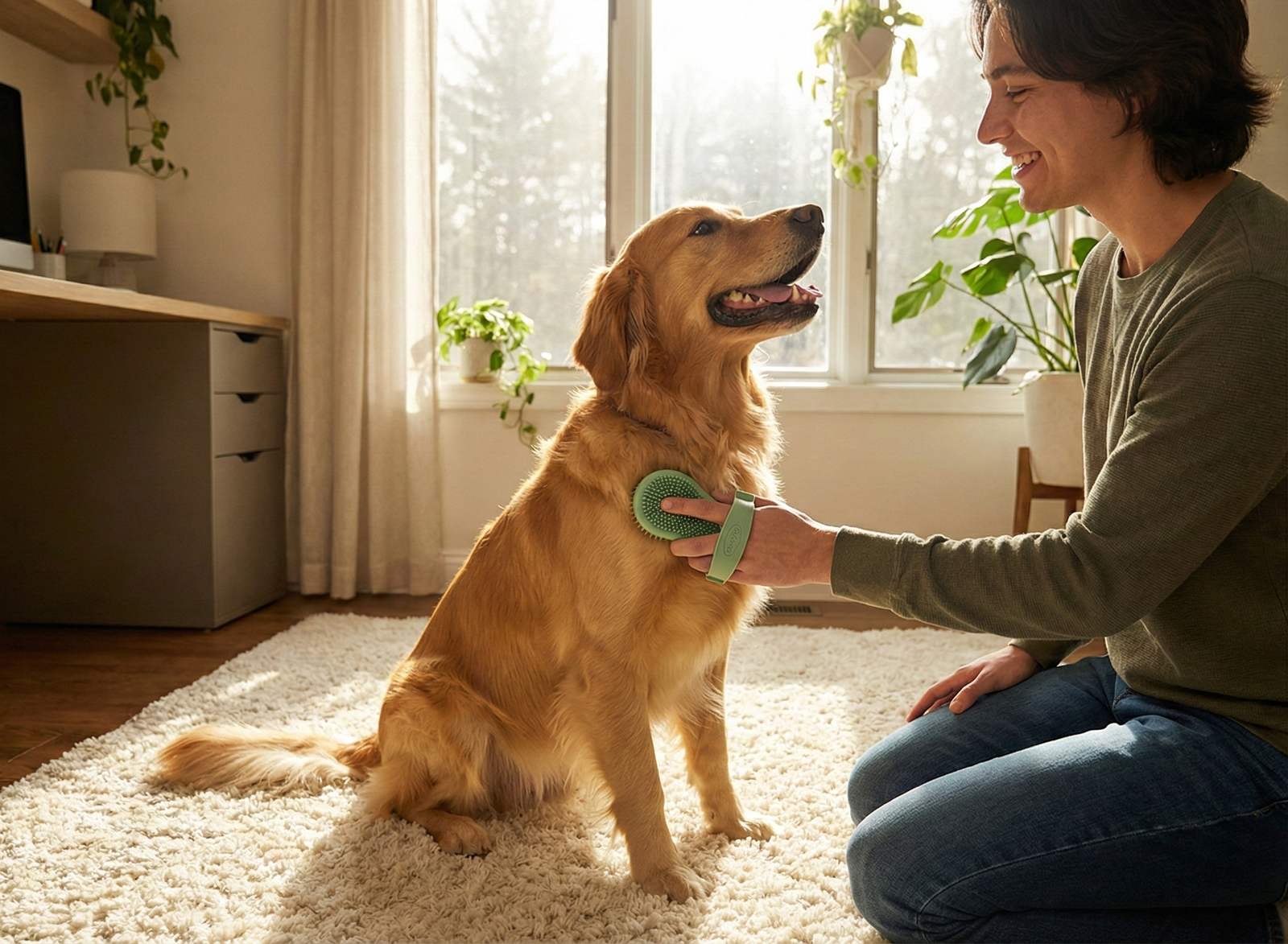 Dog being gently brushed in a sunny home office