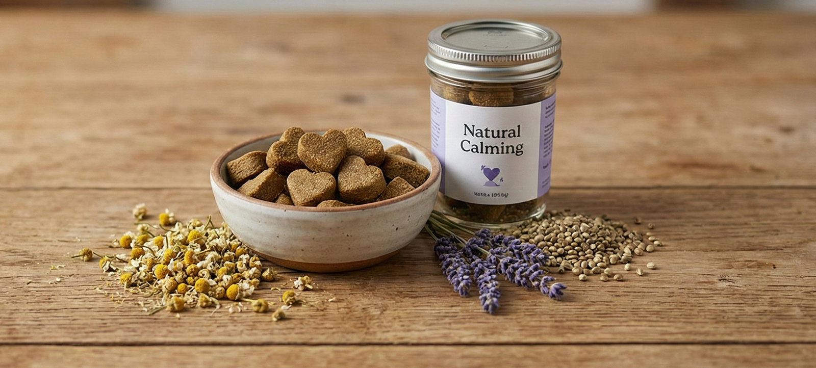 Natural dog treats in a bowl next to chamomile flowers and hemp seeds