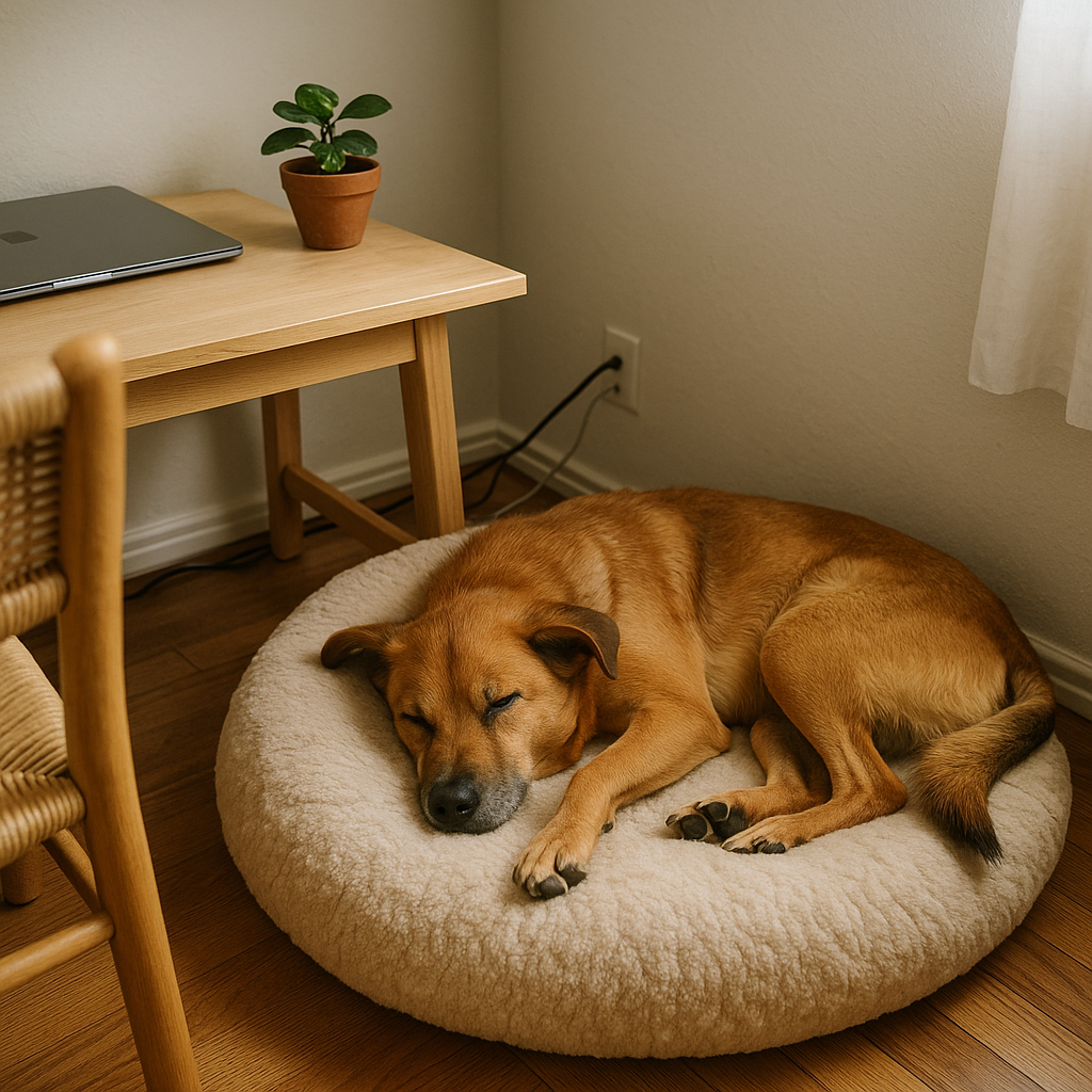 Dog lying on a cushioned bed next to a simple home office desk