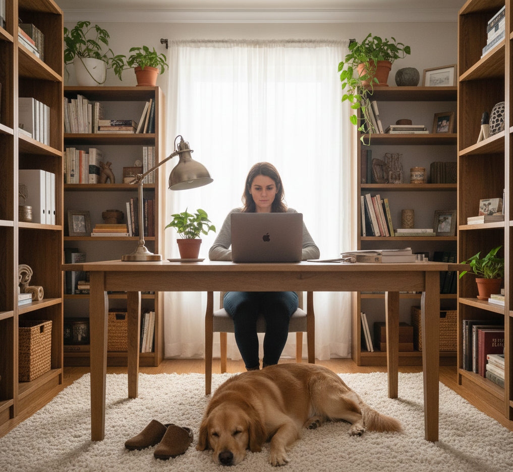 Woman working from home with a sleeping golden retriever under the desk
