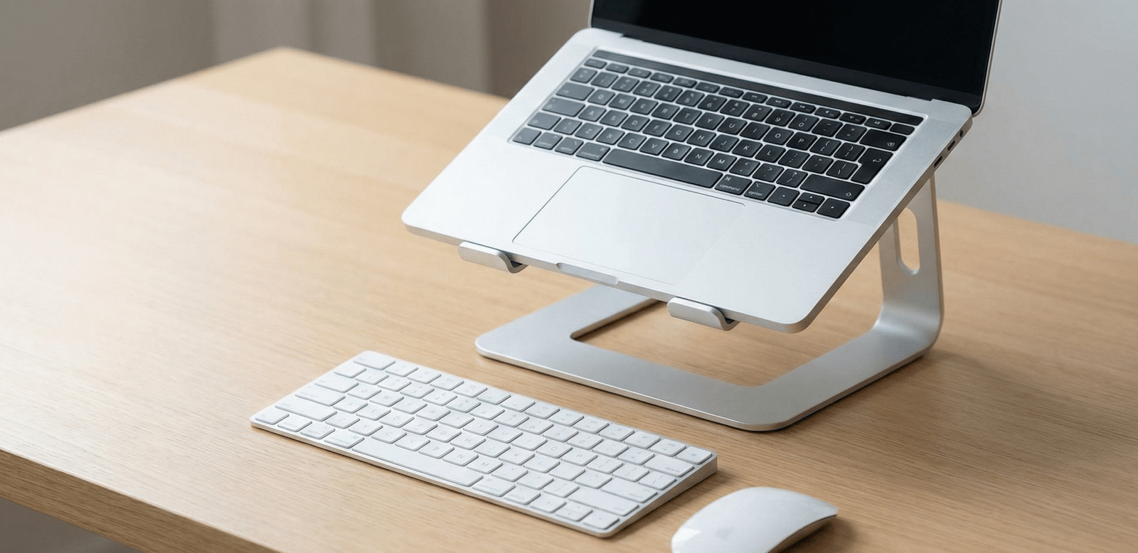 A laptop raised on a metal stand with a separate keyboard and mouse on a small desk