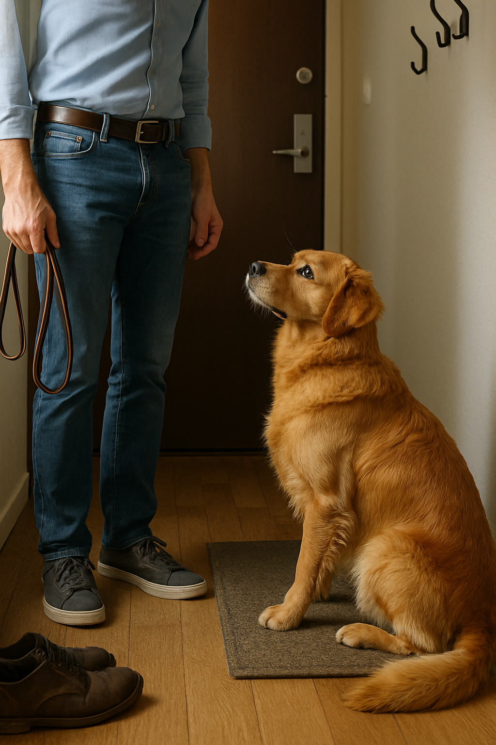 Person clipping a leash onto a happy dog near the front door before work