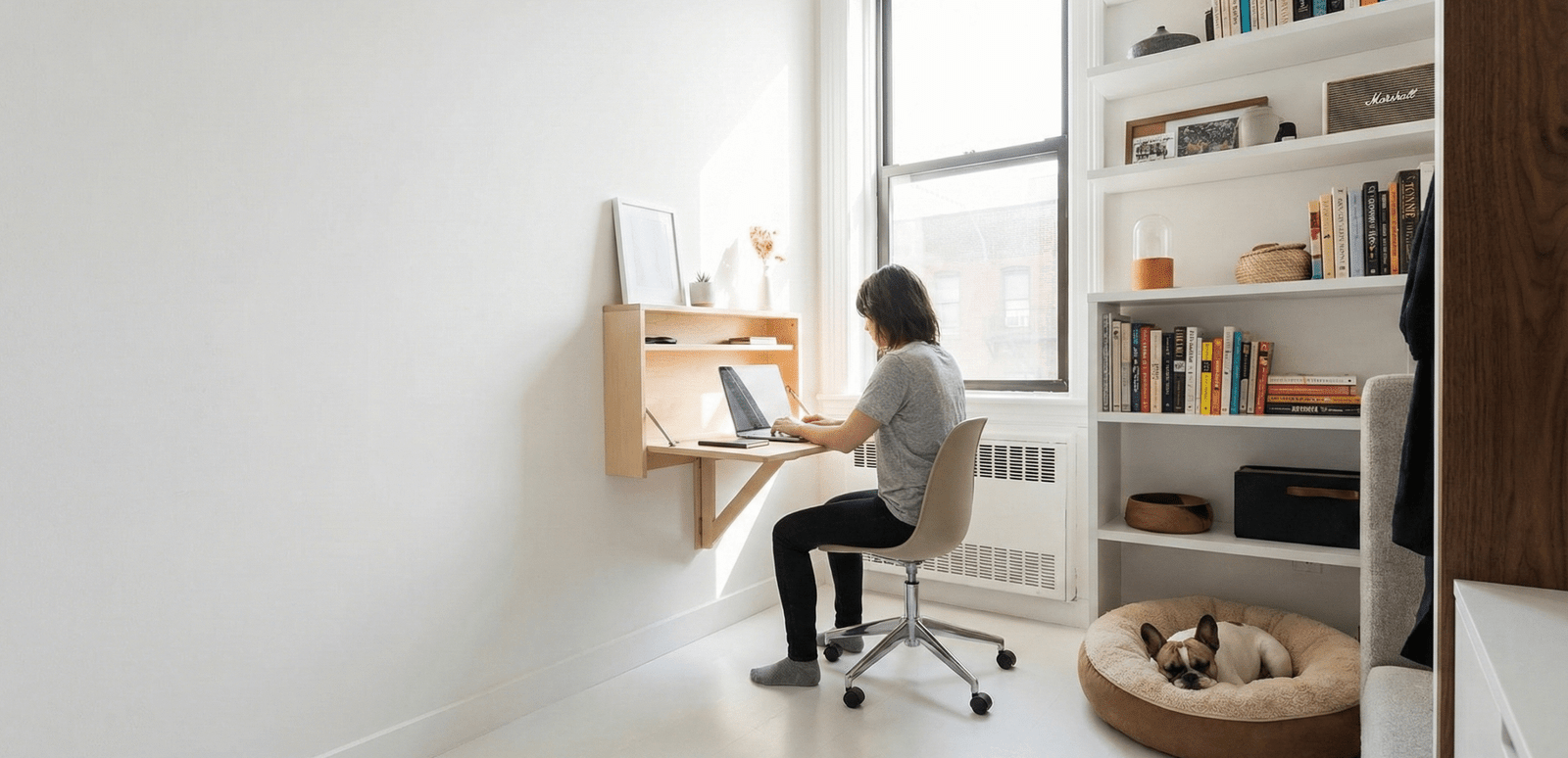 Stylish small apartment desk setup with a person working and a small dog sleeping nearby