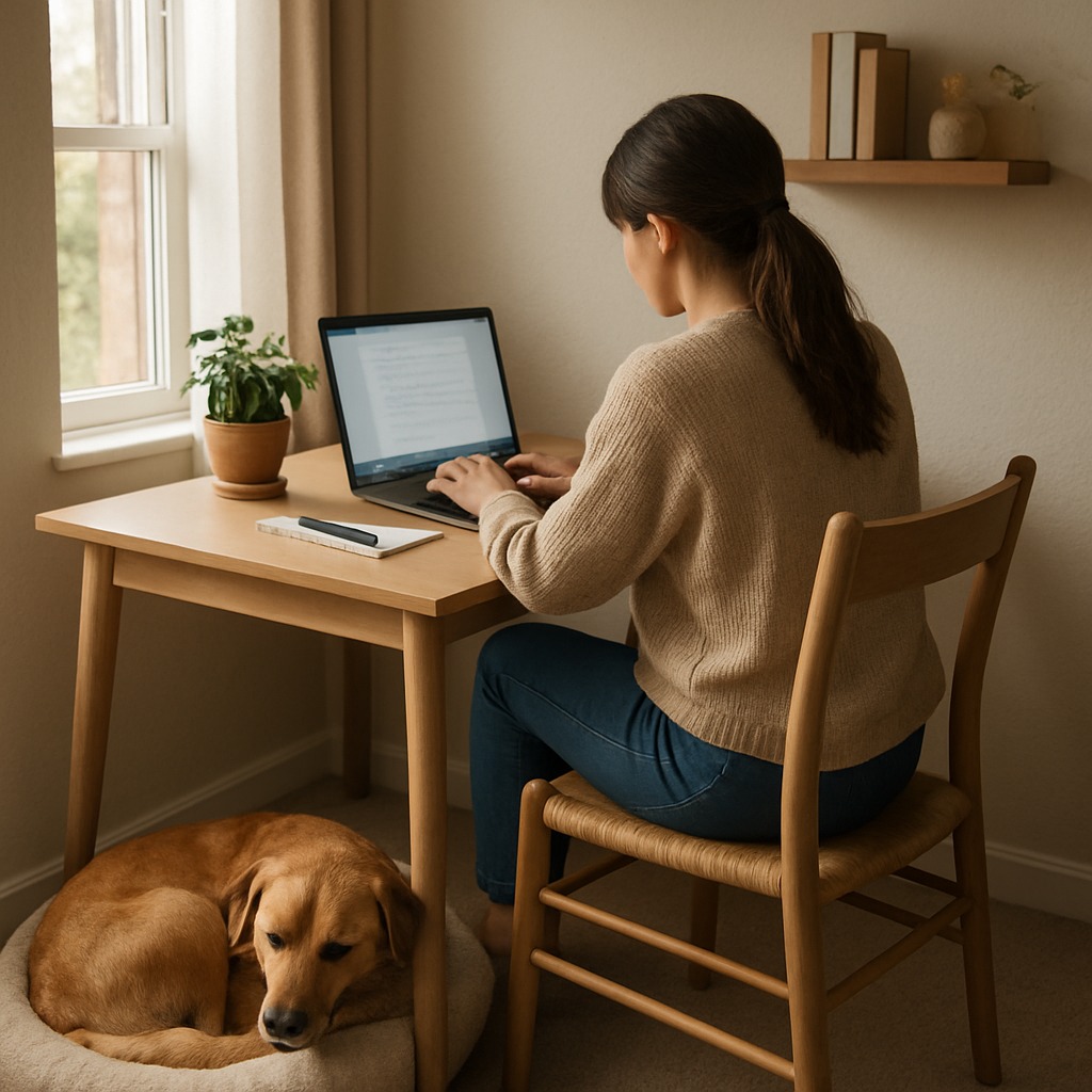 Person working at a cozy home office desk with a dog resting on a bed nearby